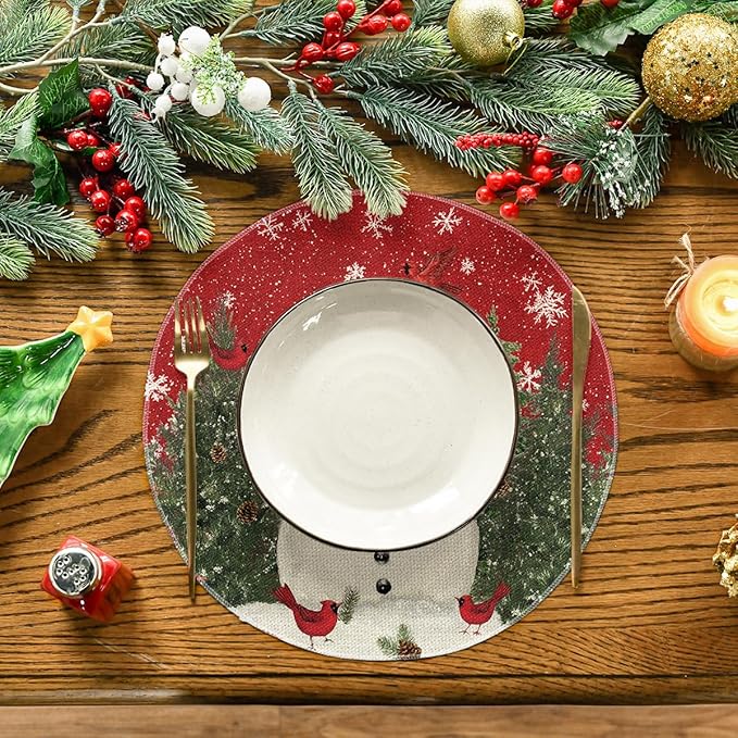 Artoid Mode Snowman Trees Snowflakes Christmas Round Placemats Set of 4, 14 Inch Winter Round Table Mats for Dining Decoration