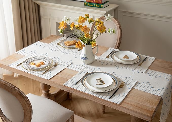 Placemats Set of 6 for Dining Table Décor, Woven Cloth Place Mats for Farmhouse Kitchen Tabletop, Handcrafted Machine Washable Cotton Table mats 13 x 19 Inch, Light Blue and Beige