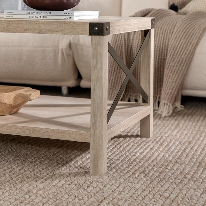Walker Edison Sedalia Modern Farmhouse Metal X Coffee Table, 40 Inch, White Oak