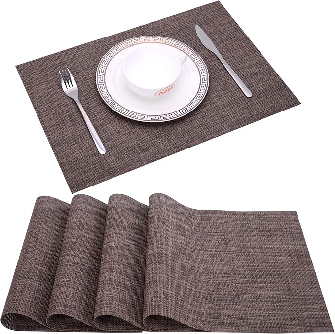 Zupro Placemats Set of 4 for Kitchen Dining Table Washable Braided Table Mats Heat-Resistant Placemats Non-Slip Woven PVC Vinyl Place Mats for Everyday use or Holidays Dinner 18"x12"(Hemp Brown)