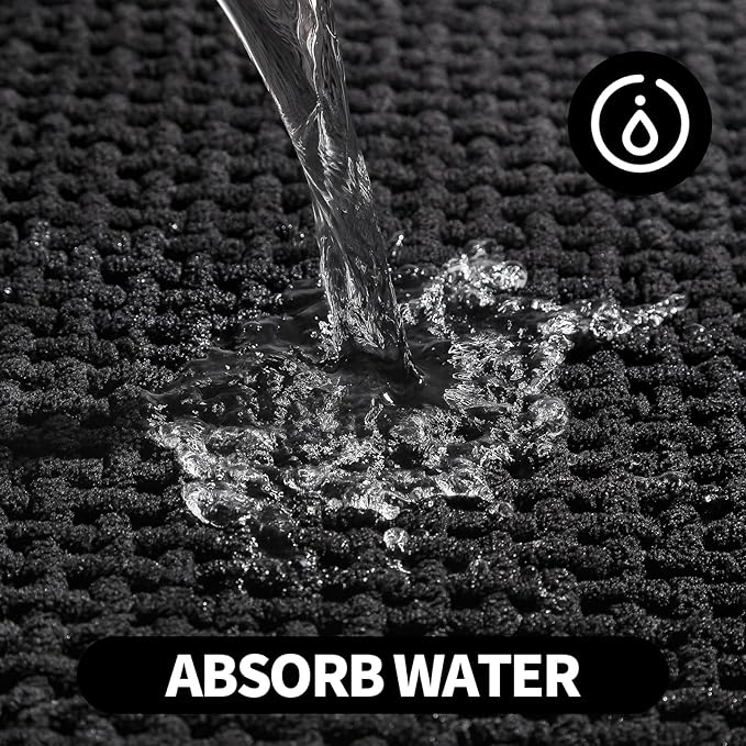 Washable Bathroom Rugs: 24x16 Black Bath Mat – Non Slip Chenille Bathmat for Bathroom Floor & Shower