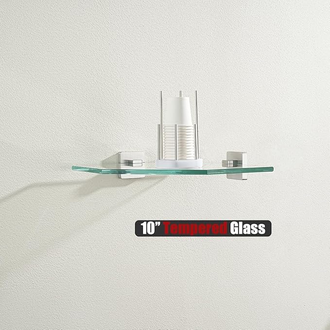 JQK Corner Glass Shelf, Brushed Steel Bathroom 304 Stainless Steel Shower Triangle Floating Wall Shelf, 10 x 10 Tempered Glass, 2 Pack, TGS290L10-BN-P2