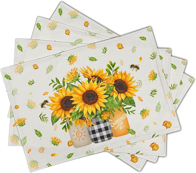 Giwawa Sunflower Vases Placemats Set of 4 Summer Bee Yellow Floral Mason Jar Place Mat 12x18 Inch Stain Heat Resistant Linen Table Mats for Kitchen Dining Seasonal Party Decor