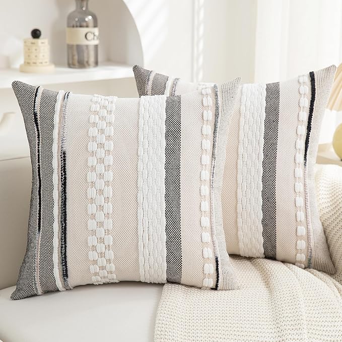 Boho Pillow Covers 18x18 Set of 2 for Couch-Modern Farmhouse Sofa Decorative Throw Pillow Covers Textured Chenille Cushion Covers Outdoor Netural Bohemian Pillow Cases Square