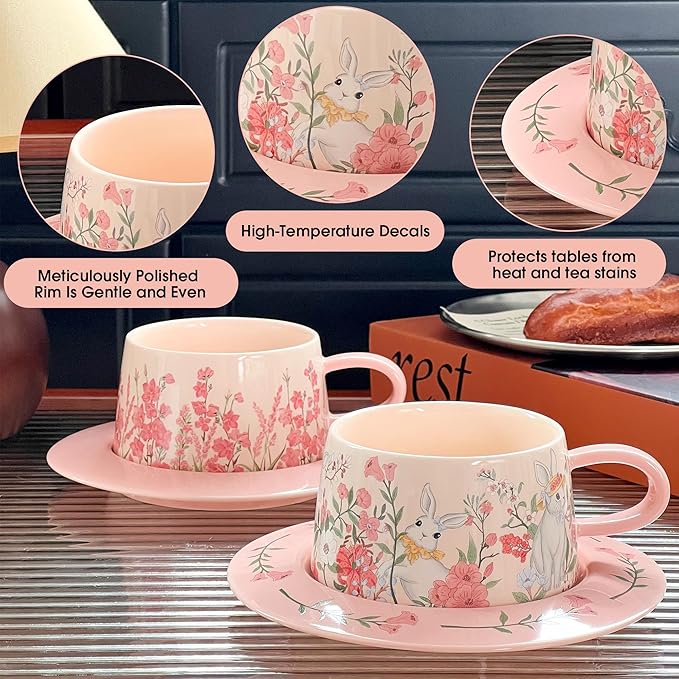 Cute Ceramic Coffee Mug with Saucer Set, 9oz Rabbit Pink Tea Cup with Floral Design, Latte Art Mugs for Coffee Tea Hot Chocolate, Gift for Women, Mom, Friend, Mothers Day Gifts