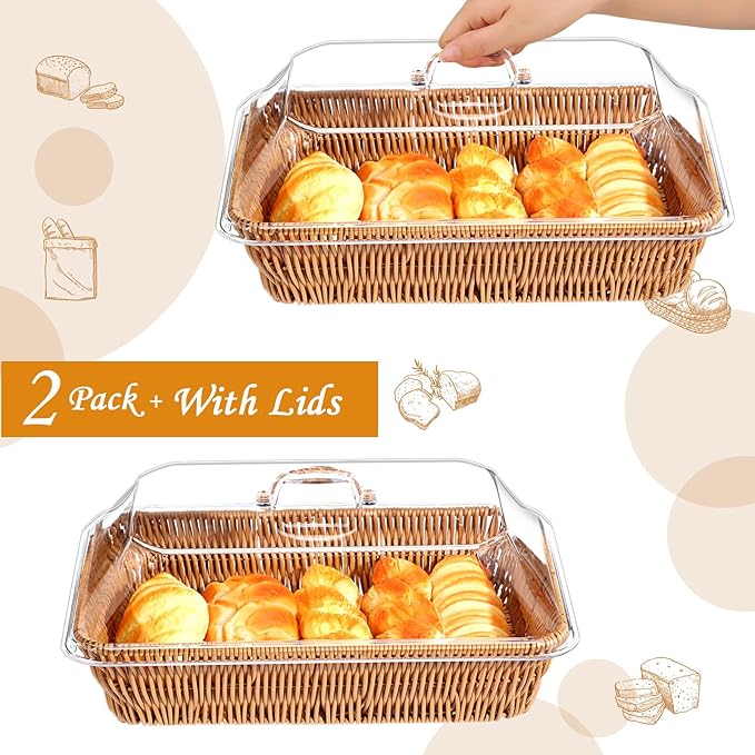 2 Set Wicker Bread Baskets for Serving with Acrylic Lids Woven Imitation Rattan Bread Basket Rectangular with Cover for World Baking Day Fruit Food Serving(13.78" X 9.84")