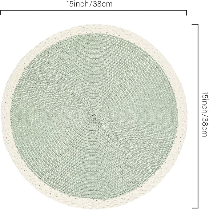 Noctiflorous Round Braided Placemats Set of 8 Table Mats 15 Inches Washable Heat Resistant for Dining Table Non-Slip Indoor Outdoor Place Mats for Easter(02 White Edge Green 8)