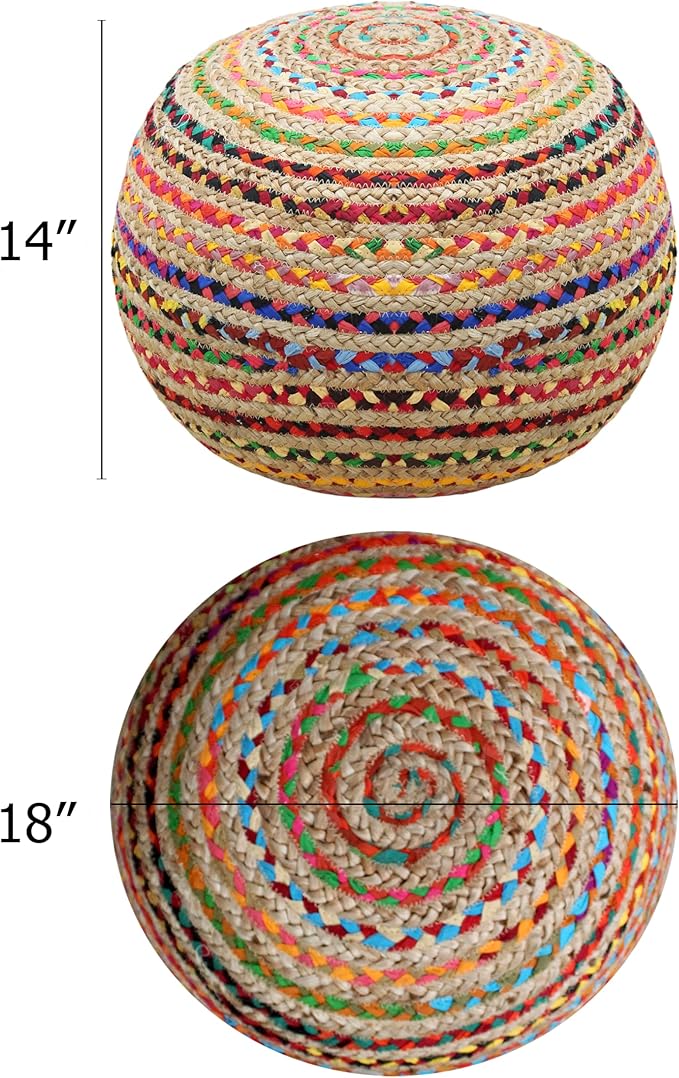 COTTON CRAFT Jute Chindi Pouf Ottoman – One of a Kind Jute Cotton Braided Moroccan Boho Kilim Foot Stool Bean Bag Accent Seating – Bedroom Dorm Kids Room Rustic Decorative Round Pouf – 18x14 - Multi