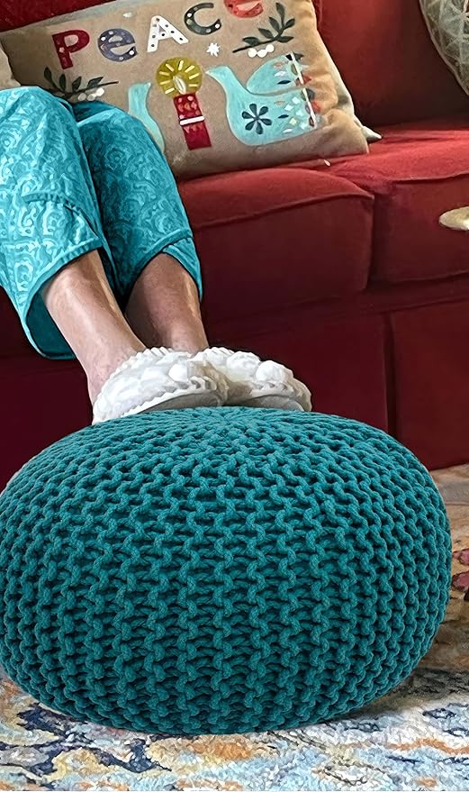 COTTON CRAFT Round Pouf - Hand Knitted Cotton Braid Cord Cable Dori Ottoman - Foot Stool - Floor Pouf Footrest Accent Seat Furniture Bean Bag - Living Room Kids Room Nursery Dorm Décor - 20x14 - Teal