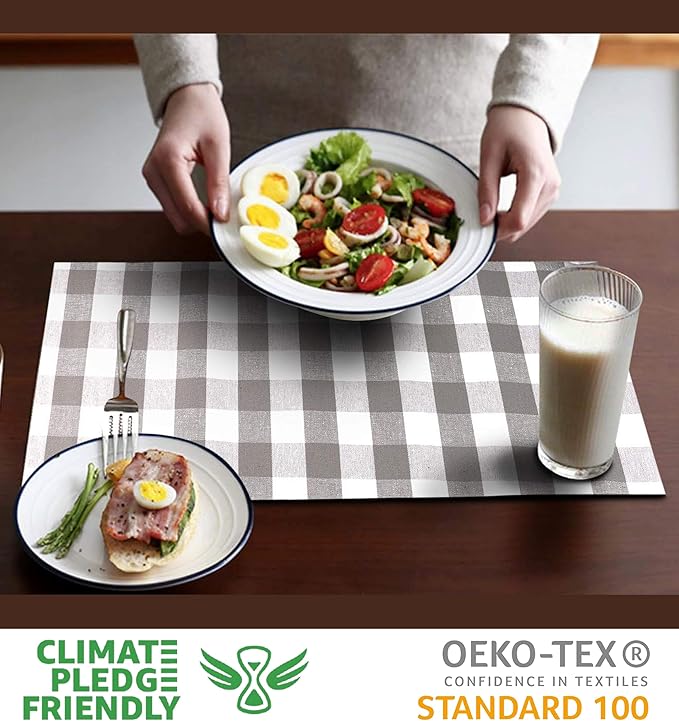 Urban VillaPlacemats for Dining Table 100% Cotton Placemats 14''x20'' Over Sized Tablemats Set of 6 Placemats Grey/White Buffalo Check Tablemats for Family Dinners Wedding PartiesPlacemats