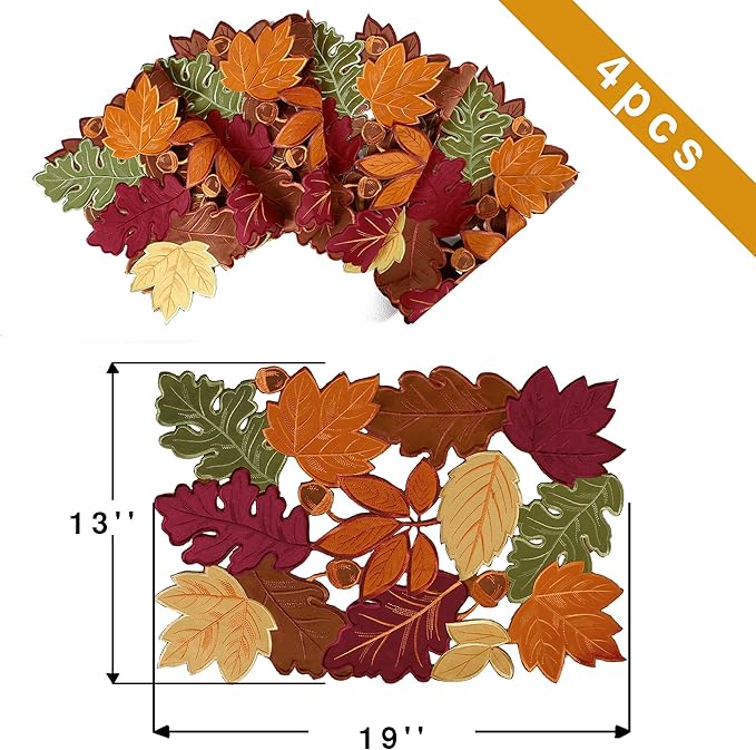 OWENIE 4 PCS Thanksgiving Placemats for Dining Table, 13 x 19 Inch Set of 4 Embroidered Maple Leaves Table mats for Fall, Harvest Applique Leaf for Autumn Decorations