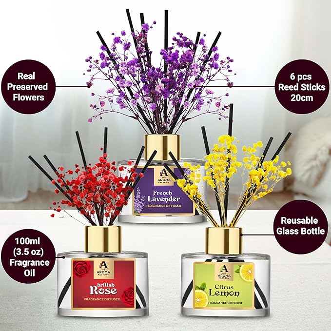 The Aroma Factory Fragrance Reed Diffuser Set with Essential Oil, Aroma Sticks & Preserved Flowers | Luxury Home Decor Scent (French Lavender,British Rose & Citrus Lemon, 3 Pack)