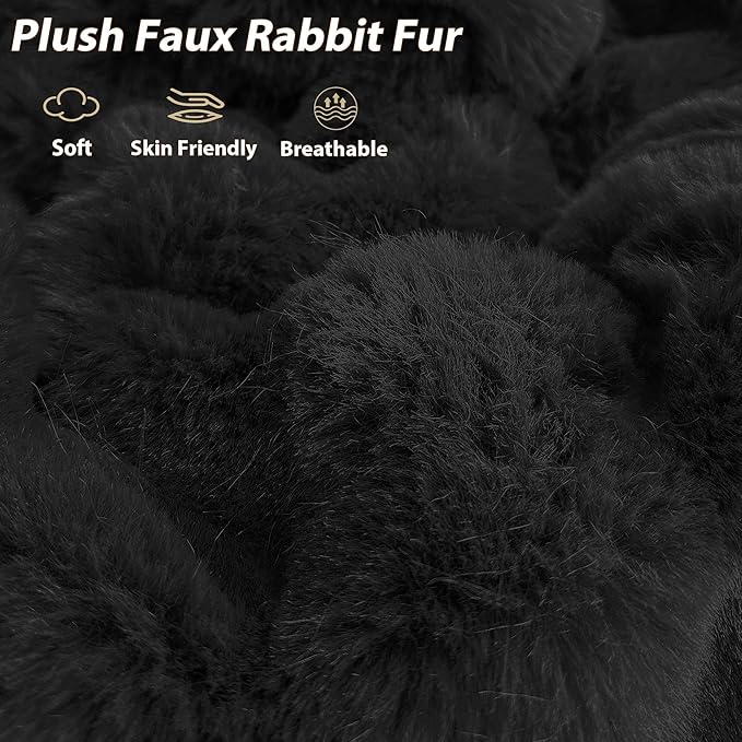LIFEREVO Luxury Faux Rabbit Fur Round Inflatable Pouf Ottoman, 20 X 16 Fluffy Waffle Bubble Floor Poufs Foot Stool Rest Living Room Bedroom, Furry Pouf Ottoman Chair Seat Home Decor, Anti-Slip, Black