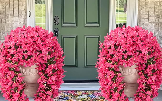 2Pcs UV Resistant Artificial Flowers for Outdoors, Realistic Faux Silk Bougainvillea Flowers, Fake Hanging Plants for Porch Patio Balcony Decoration (Rose Red)