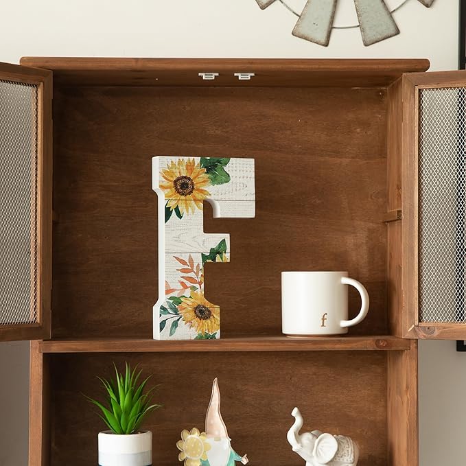COLLECTIVE HOME - 10" Wood Lettes for Wall Decor, Sunflower Tabletop Alphabet Decoration, DIY Farmhouse Decor, Rustic Freestanding Monogram Block (F)