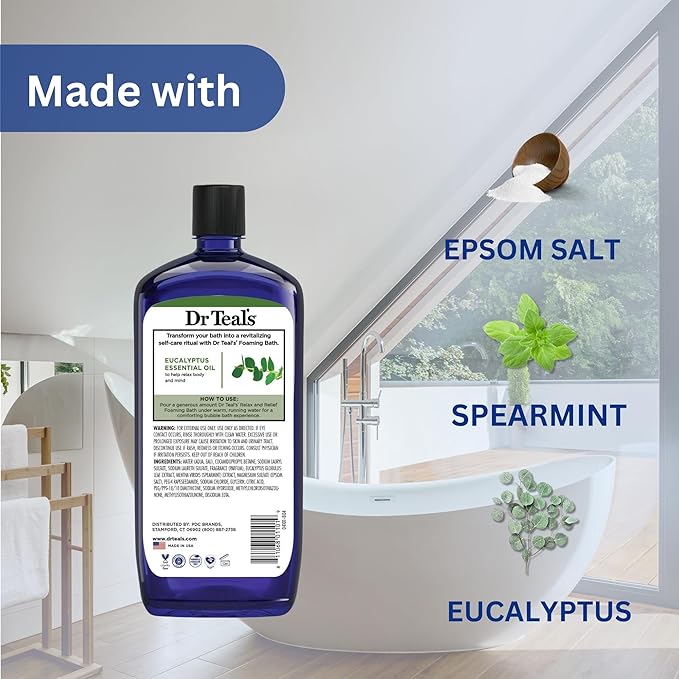Dr. Teal's Eucalyptus and Spearmint Foaming Bath 34oz Bottles (Pack of 2) with Variety Junction Premium Bath Sponge - Relax and Relief, Bubble Bath, Relaxing, Men's and Women's
