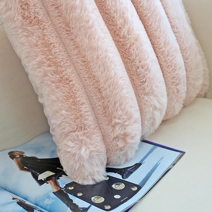 JOJUSIS Pack of 2 Faux Fur Plush Decorative Throw Pillow Covers Couch Cushion Case Soft Fluffy Pillowcases Wide Stripe (Pink, 20 x 20 Inch)