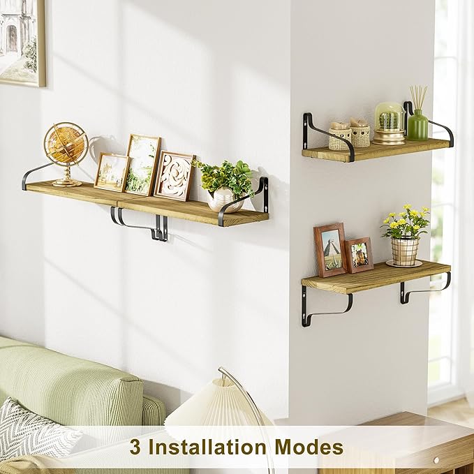 Love-KANKEI Floating Shelves for Wall Set of 4, 15.7 Inch Wood Wall Shelves with Bracket, Rustic Hanging Shelves for Bathroom, Bedroom, Kitchen, Living Room,Office Display Carbonized Black