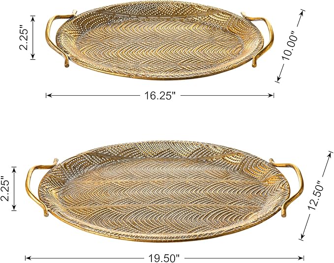 Glitzhome Set of 2 Vintage Gold Decorative Trays with Handles, Metal Large Oval Jewelry Decorative Trays, Bathroom Dresser Vanity Trays
