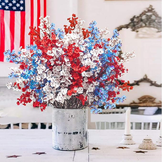 Uieke 15 Pcs 4th of July Artificial Flowers Fake Patriotic Babys Breath Flowers for Independence Day Decor Blue White Red Silk Flowers for Memorial Day Floral Arrangement Home Wedding