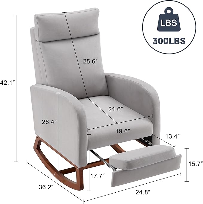 Rocking Chair Nursery Chair with Foot Rest, Nursery Rocking Chairs with High Back, Glider Rocking Chair with Pocket, Baby Nursery Glider Rocker, Nursing Chair Accent Living Room (Linen Grey)