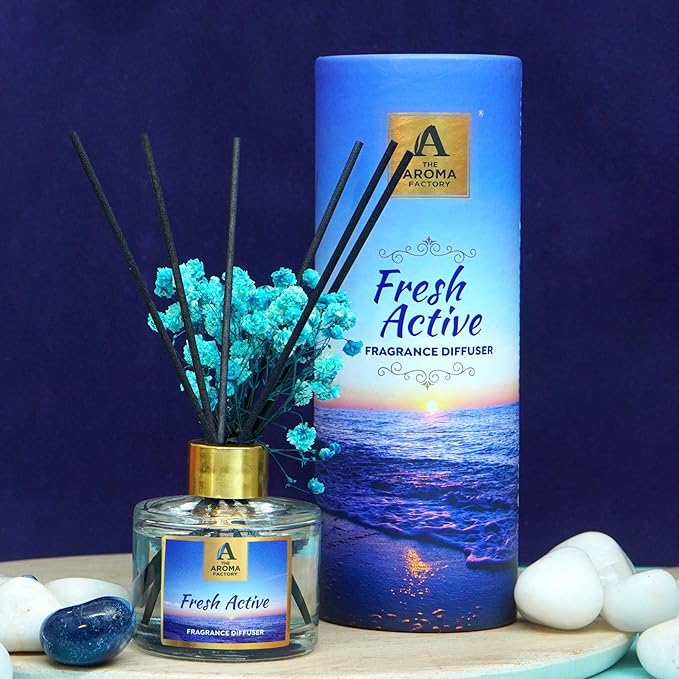 The Aroma Factory Fragrance Reed Diffuser Set with Natural Essential Oil, Aroma Sticks & Real Preserved Flowers | Luxury Home Decor Scent (Fresh Active, 1 Pack)