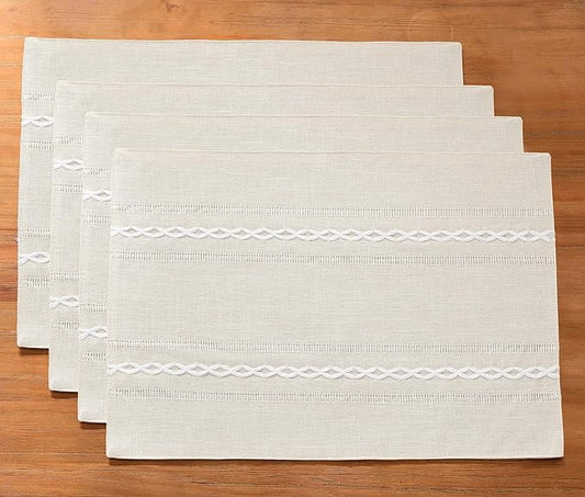 Wracra Cotton Linen Placemats, 12 x 18 Inch Set of 4 Fete Placemats Rustic Hemstitch Place Mats for Kitchen Table and Heat Resistant-Ivory