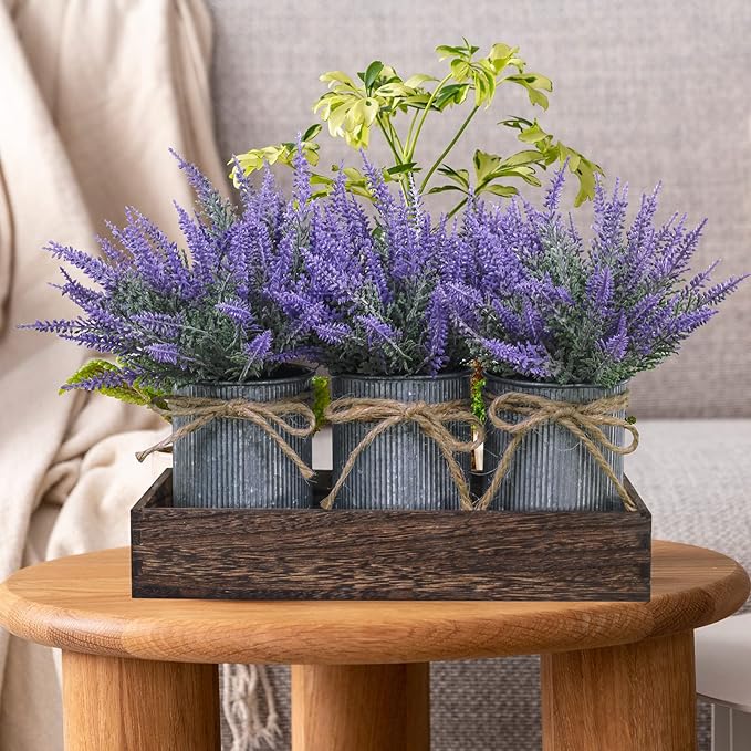 Set of 3 Small Potted Plants Arrangement Artificial Lavender Flower Plants in Rustic Galvanized Metal Pots with Decorative Wood Tray for Farmhouse Table Centerpiece Windowsill Country Indoor Decor