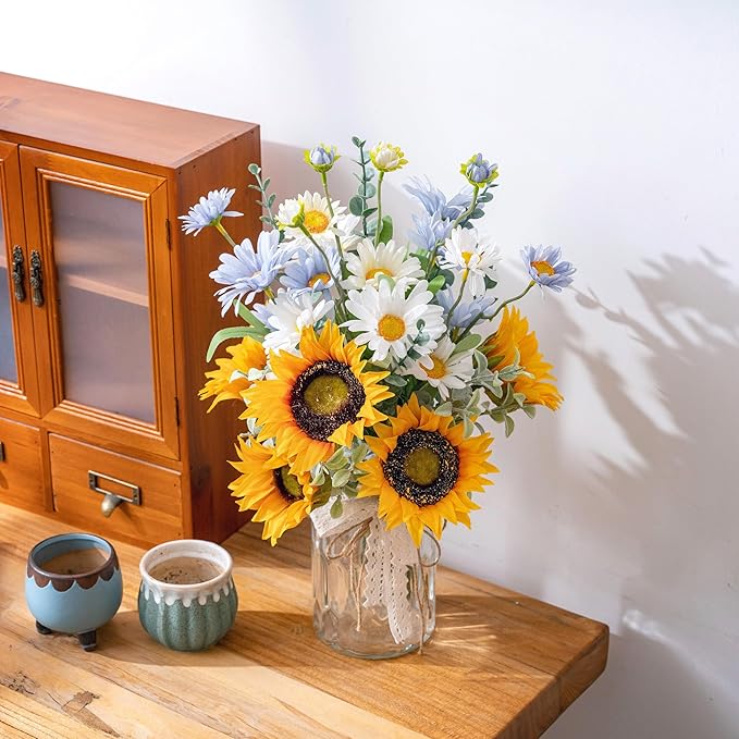 Faux Flowers with Vase, Artificial Silk Sunflower in Vase Centerpiece Coffee Table Decor, Fake Plant Daisy Flower Arrangement for Fall Decorations Indoor Home Office Living Room Farmhouse