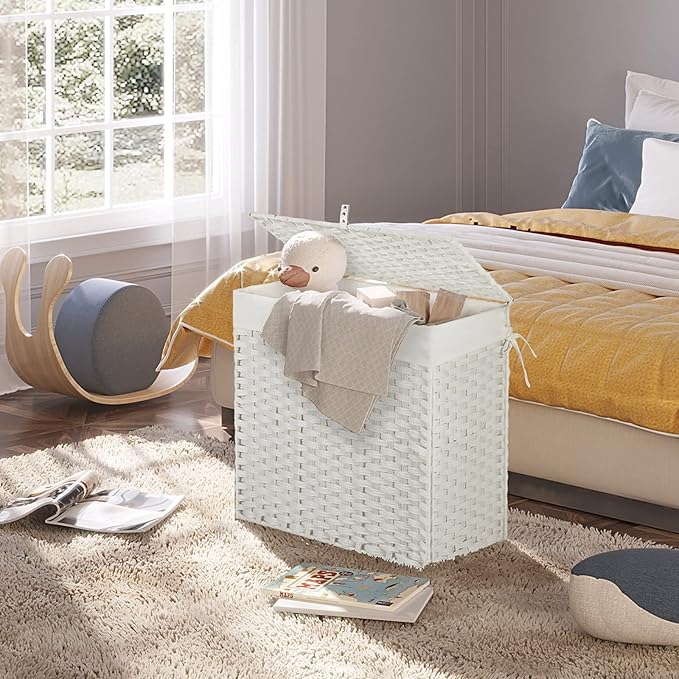 Greenstell Laundry Hamper with Lid, 125L Large Clothes Hamper with 3 Section & 2 Section Removable Liner Bags & 5 Mesh Laundry Bags, Handwoven Synthetic Rattan Divided Laundry Basket, White