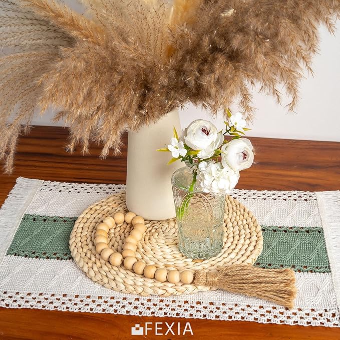 FEXIA Sage Green Boho Placemats Set of 6, Macrame Table Decor and Farmhouse Style Placemats Natural Cotton Burlap, for Dining Table