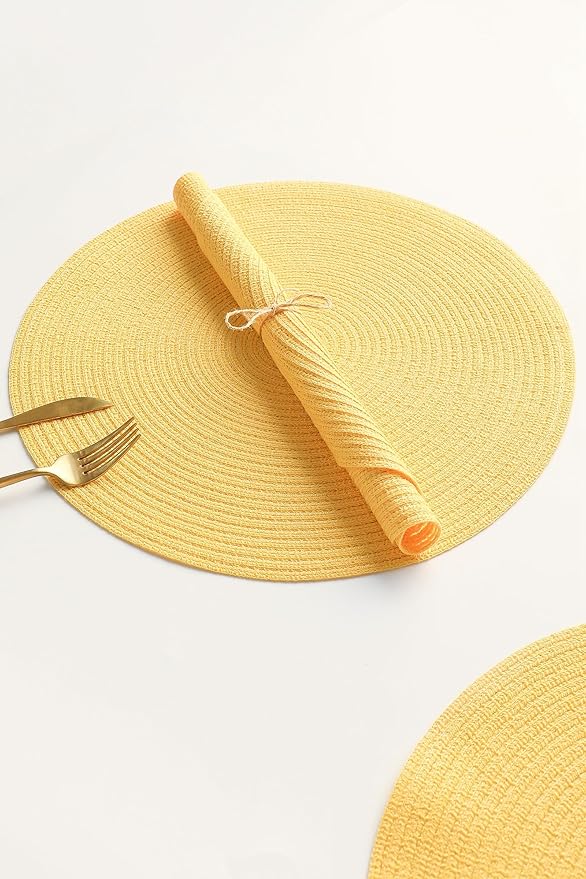 Floroom 15 Inch Round Braided Placemats Set of 6, Washable Heat Resistant Cotton Polyester Circle Place Mats for Kitchen Dining Table - Yellow