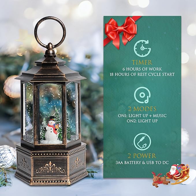 Christmas Snow Globes, 9.37" Snowman and Christmas Tree Glitter Water Lantern with 8 Songs, 6H Timer Battery & USB Powered Music Box for Christmas Decorations Indoor