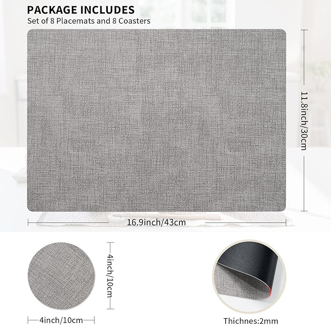 Placemats Set of 8 with Coasters Dual Sided Heat Stain Resistant Place Mats Faux Leather Table Mats Non-Slip Waterproof Oil-Proof Washable Wipeable Table Placemats for Dining Patio Table Kitchen