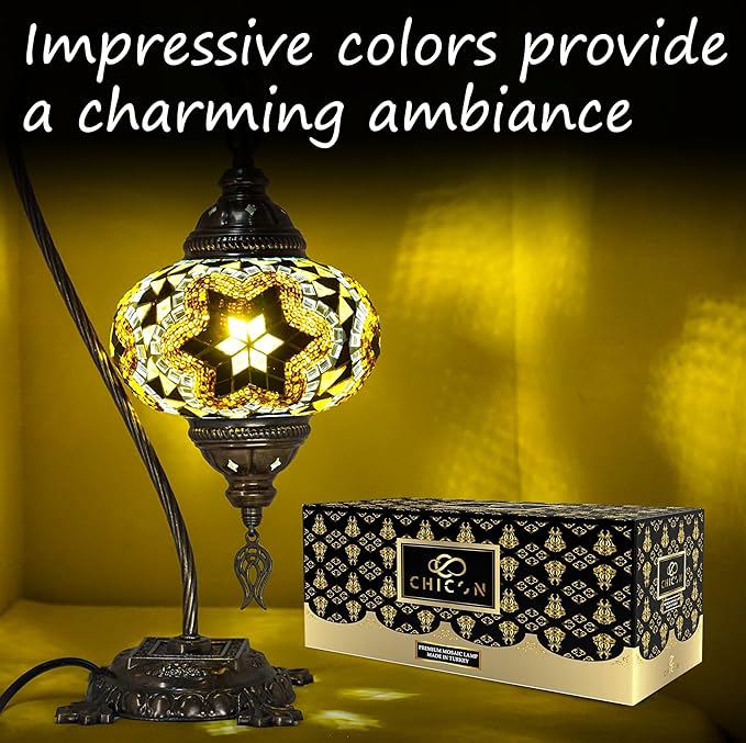 CHICON Handmade Mosaic Turkish Lamp | Genuine Glass Mosaic | A Piece of Art in Unique Lamps | Antique Vintage Lamp | Tiffany Boho Lamp | Moroccan Bohemian Small Table Lamp - SWAN Flower Yellow