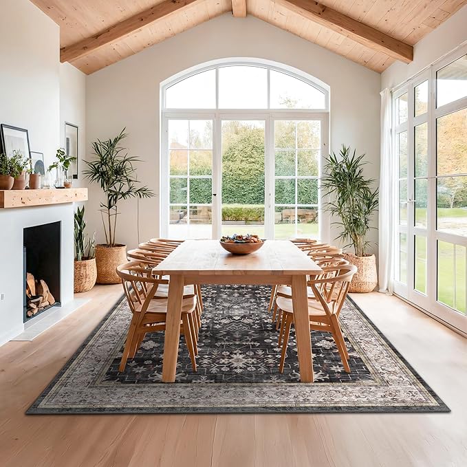 Boho Black Rug for Living Room - Washable 10x14 Area Rug, Dining Room Rugs for Under Table, Soft Low Pile Carpet for Large Bedroom - Farmhouse Decor, Non-Slip & Stain Resistance (10x14 Black/Multi)