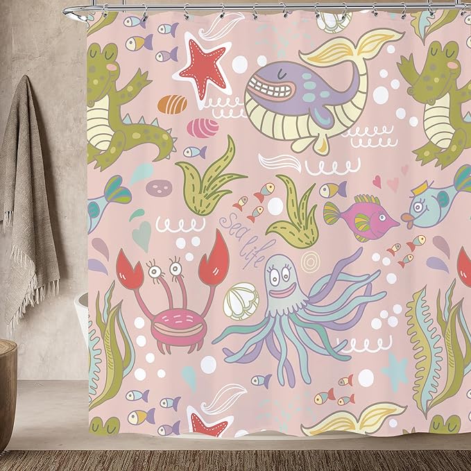 Pink Whale Kids Shower Curtain Set 72x72 Cute Cartoon Sea Animals Girls Shower Curtain for Bathroom Ocean Marine Theme Under Sea Bath Curtain Set Underwater Octopus Fish Kids Bathroom Decor