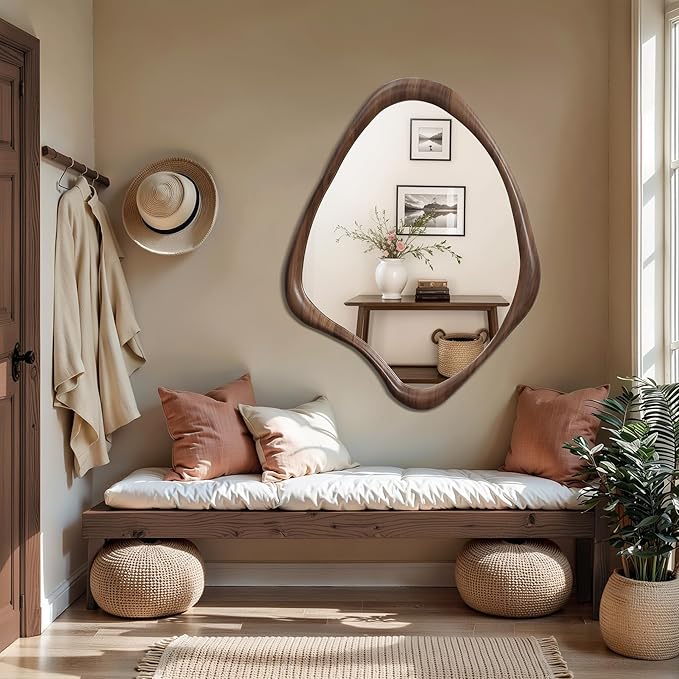 LuxenHome Asymmetrical Wall Mirror, 23"x 29" Classic Brown Irregular Mirror, Rustic Farmhouse Mirror for Bathroom, Wall Mirrors Decorative for Bedroom Living Room Entryway Hall