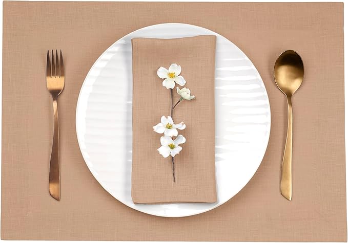D'Moksha Homes Linen Champagne Beige Placemats Set of 4-100% Pure Linen Placemats 14 x 19 Inch for Summer - Handcrafted and Machine Washable