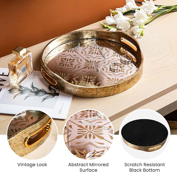 Glitzhome Set of 2 Large Gold Mirror Decorative Trays with Handles, Round Abstract Vanity Jewelry Perfume Tray Dresser Tray, Vintage Jewelry Organizer Makeup Trays