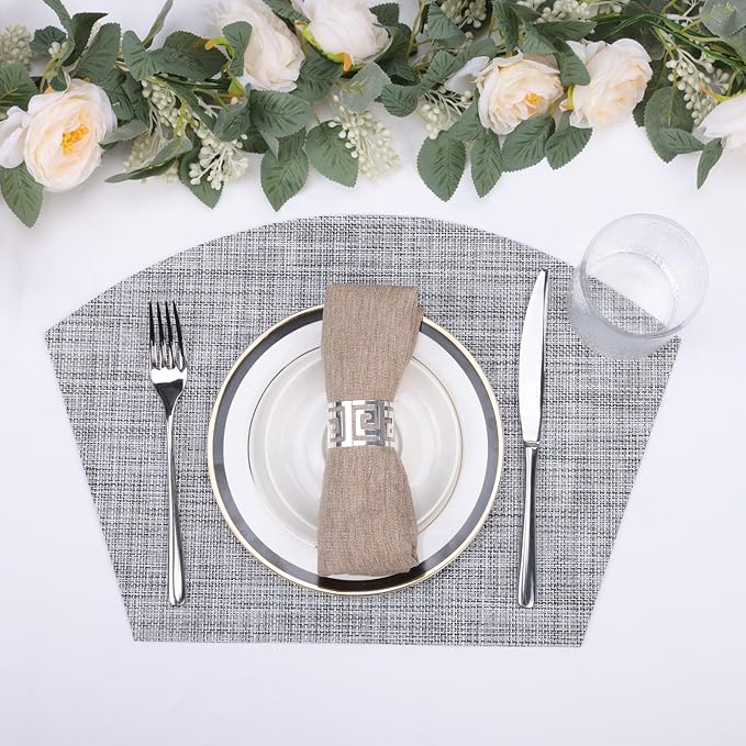 SHACOS Wedge Placemats Set of 4 Small Round Table Placemats Woven Vinyl Place Mats Non Slip Round Table Mats Wipe Clean, Gray White
