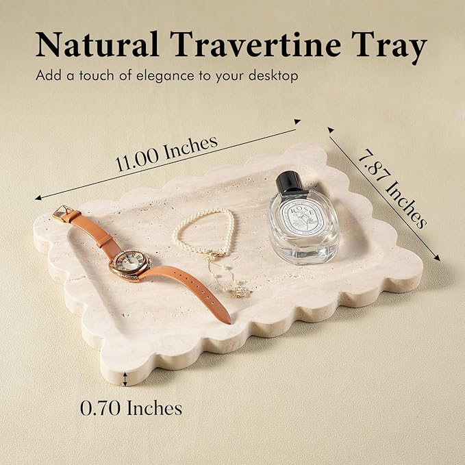 Koville Romano Travertine Vanity Tray, 11"x8" Natural Marble Decorative Scalloped Tray for Jewelry Cosmetics Perfume Trinket, Stone Organizer Trays for Countertop Bathroom Kitchen Dresser(Beige)