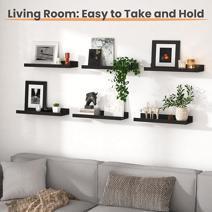 upsimples Floating Shelves for Wall, Wall Shelves for Decor Storage Set of 6, Wall Mounted Wood Shelves for Bedroom, Living Room, Bathroom, Kitchen, Picture Ledge Shelves, Black