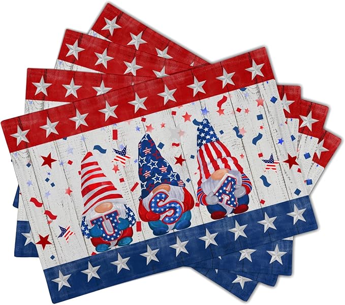 Giwawa Patriotic Gnomes Placemats 12x18inch 4th of July USA Elf American Stars Place Mat Set of 4 for Kitchen Dining Independence Day Heat Resistant Table Mats for Tabletop Holiday Decor