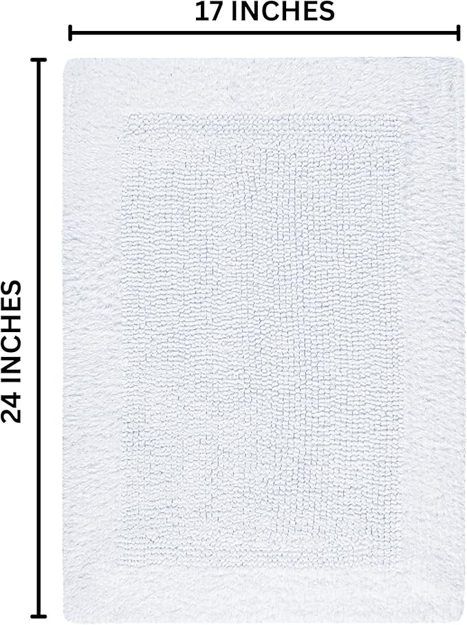 Bedding Craft Reversible White Cotton Bath Mat Rug – 17x24, Water Absorbent, Machine Washable Bathroom Rug Mat for Outside Bathtub