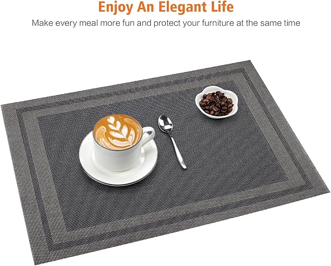Placemats Set of 8,Washable,Heat and Stain Resistant Indoor/Outdoor Place mats, Vinyl Woven Non Slip Table Mats for Restaurant Table Protection, PVC Table Placemats.(Black Gold, 8PCS)