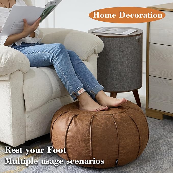 Louis Donné Unstuffed Moroccan Ottoman Pouf Cover, Waterproof Handmade Faux Decor Storage Solution for Kids Toy, Footstool Pouffe Cover Replacement Balcony Indoor 21dia Chestnut Brown, ONLY Cover