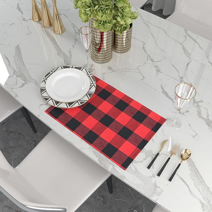 Red & Black 2 Side Cotton Buffalo Check Placemats Set of 4 Heat Resistant Dining Table Place Mats for Kitchen Table, 12 x 18 inches