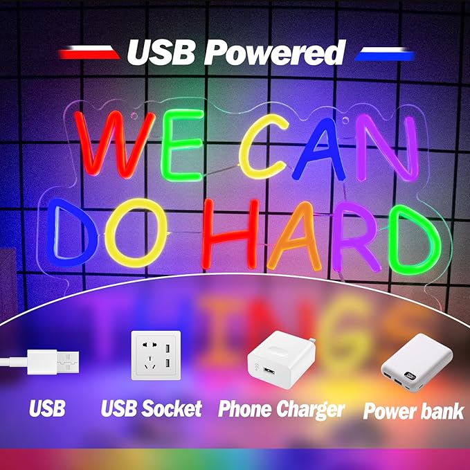 Goneons We Can Do Hard Things Dimmable Colorful Neon Light Sign for Wall Decor,USB Powered LED Neon Sign for Kids Wall Art Classroom Bedroom Living Room Birthday Game Room School Decor