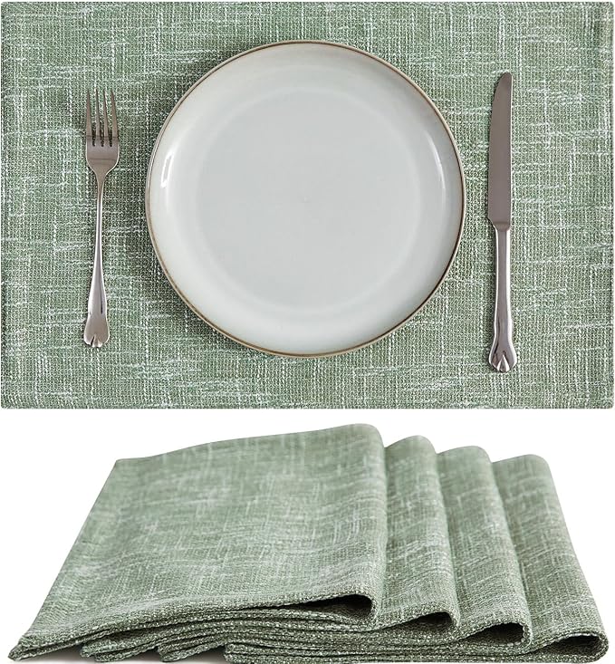 JINCHAN Burlap Textured Placemats Set of Four Farmhouse Cloth Place Mats Table Mats Sturdy Fabric Placemats for Kitchen Dining Table Double Layer Heat Resistant Tablemats 13 x 19 Inch Green